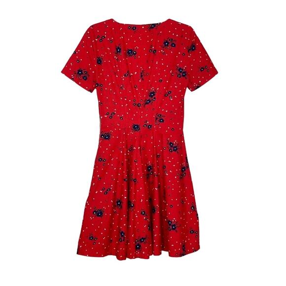 Band Of Outsiders Twee Red Mini Dress Blue Floral Print Cotton V Neck Full Skirt - Picture 5 of 13